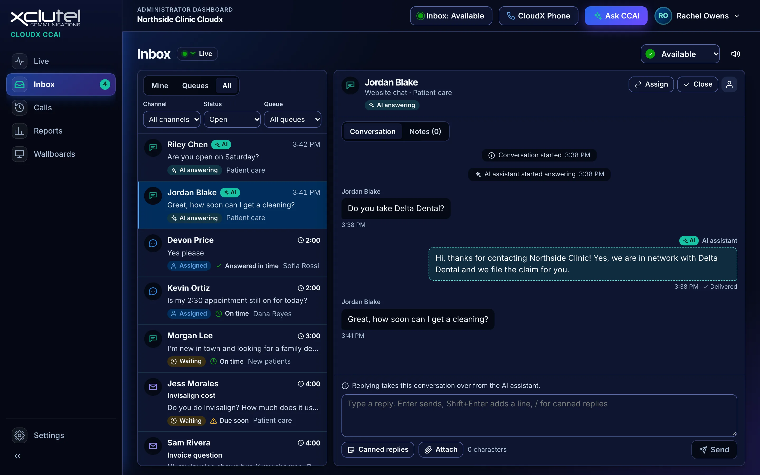 The CCAI shared inbox showing a list of digital conversations beside an open message thread