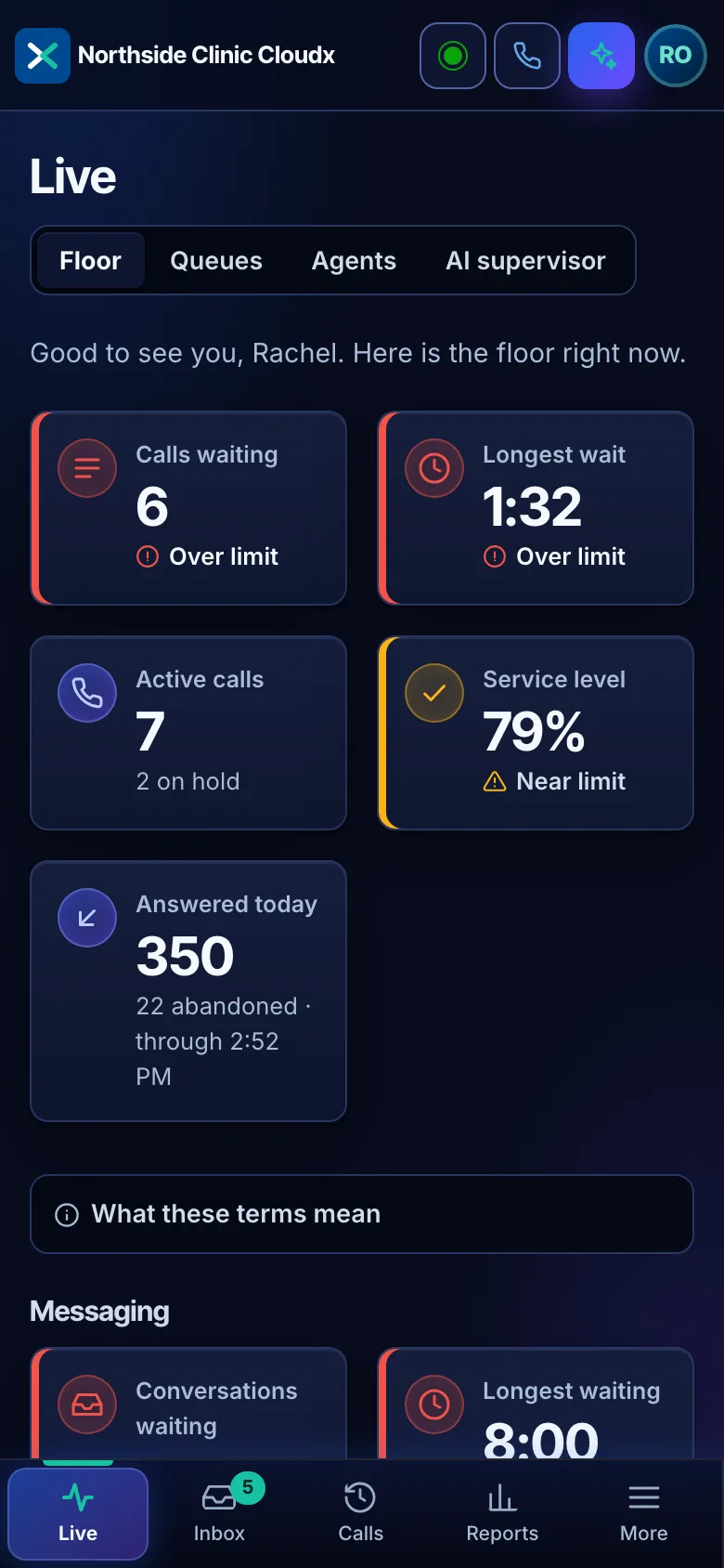 The CCAI live floor in CloudX Phone, with queue statistics stacked above the agent list