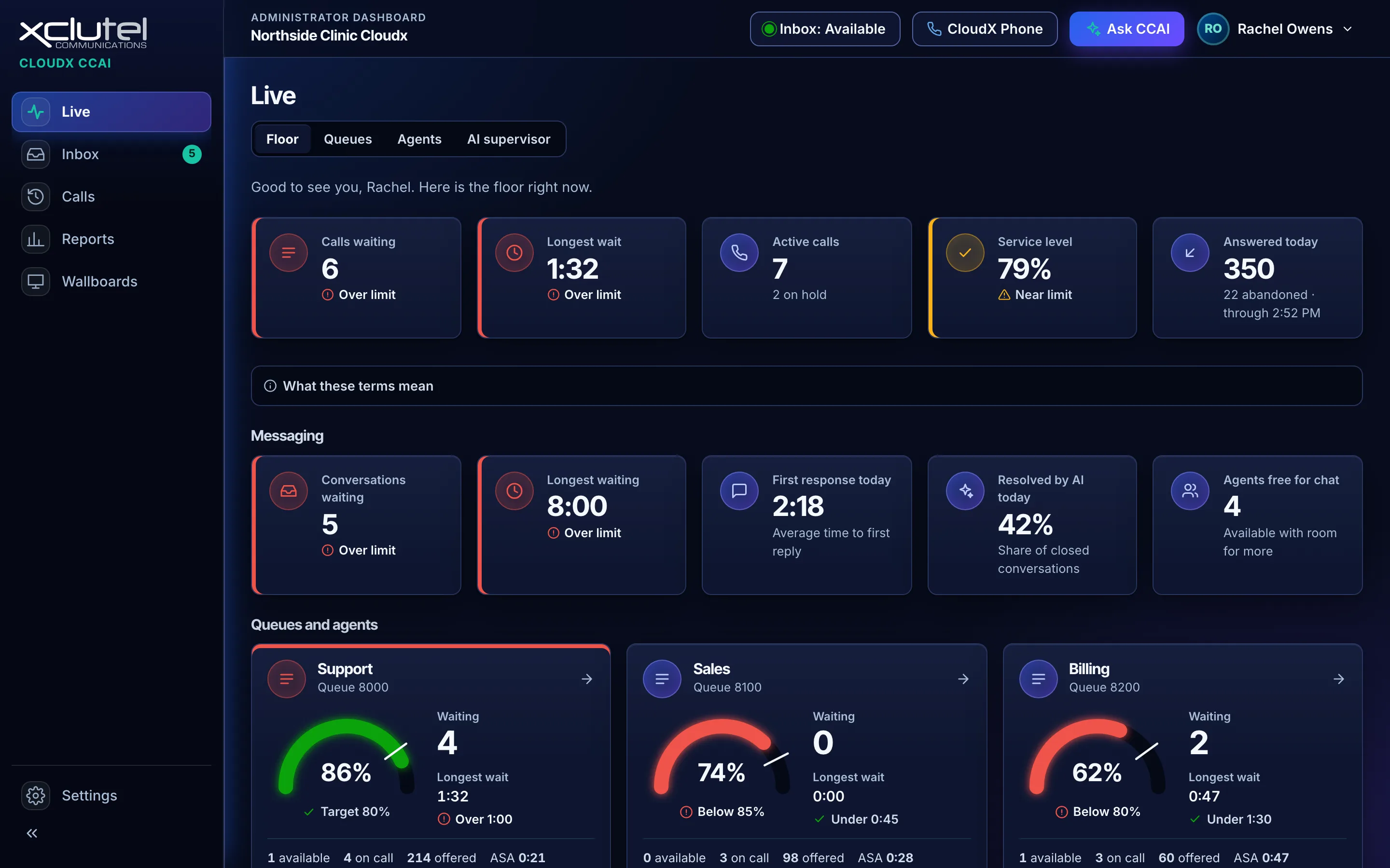 The CCAI live floor with queue statistics on the left and a list of agents and their current state on the right