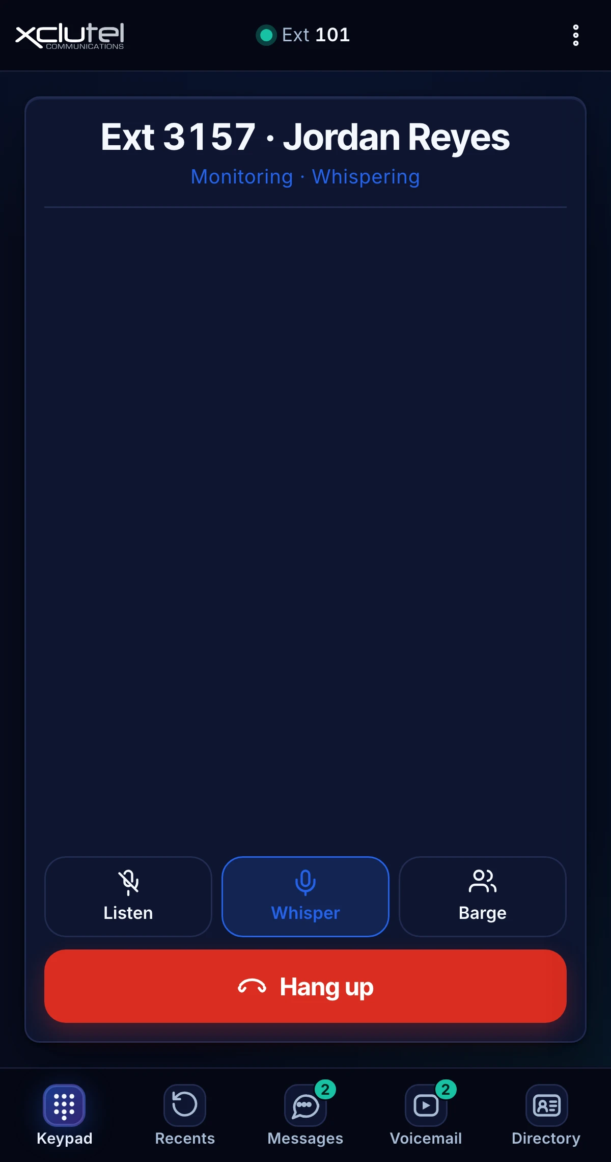CloudX Phone monitoring an agent's call, with Listen, Whisper and Barge controls and Whisper selected