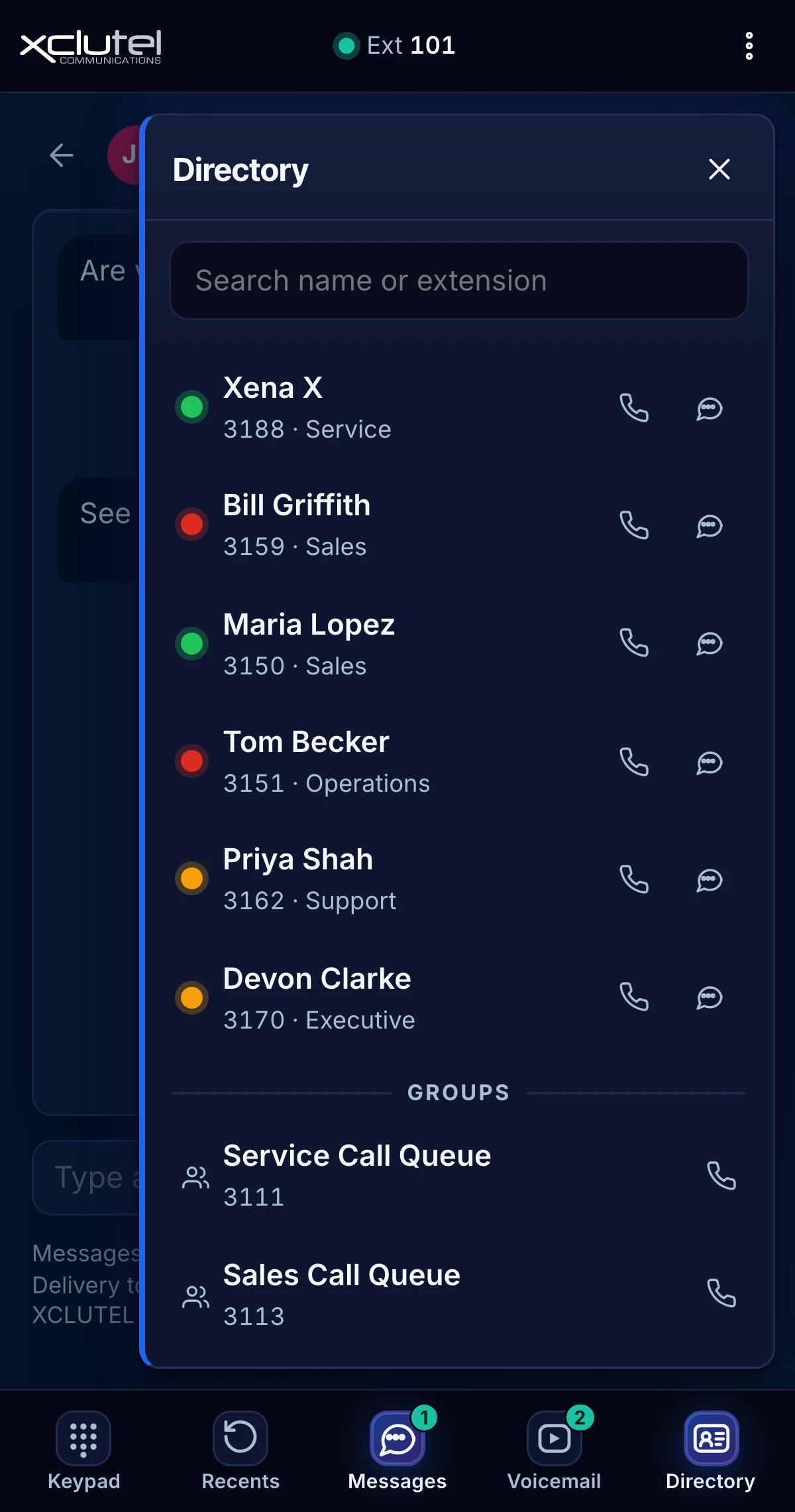 The CloudX Phone directory with coworker presence dots, extensions and departments, plus call queues and ring groups