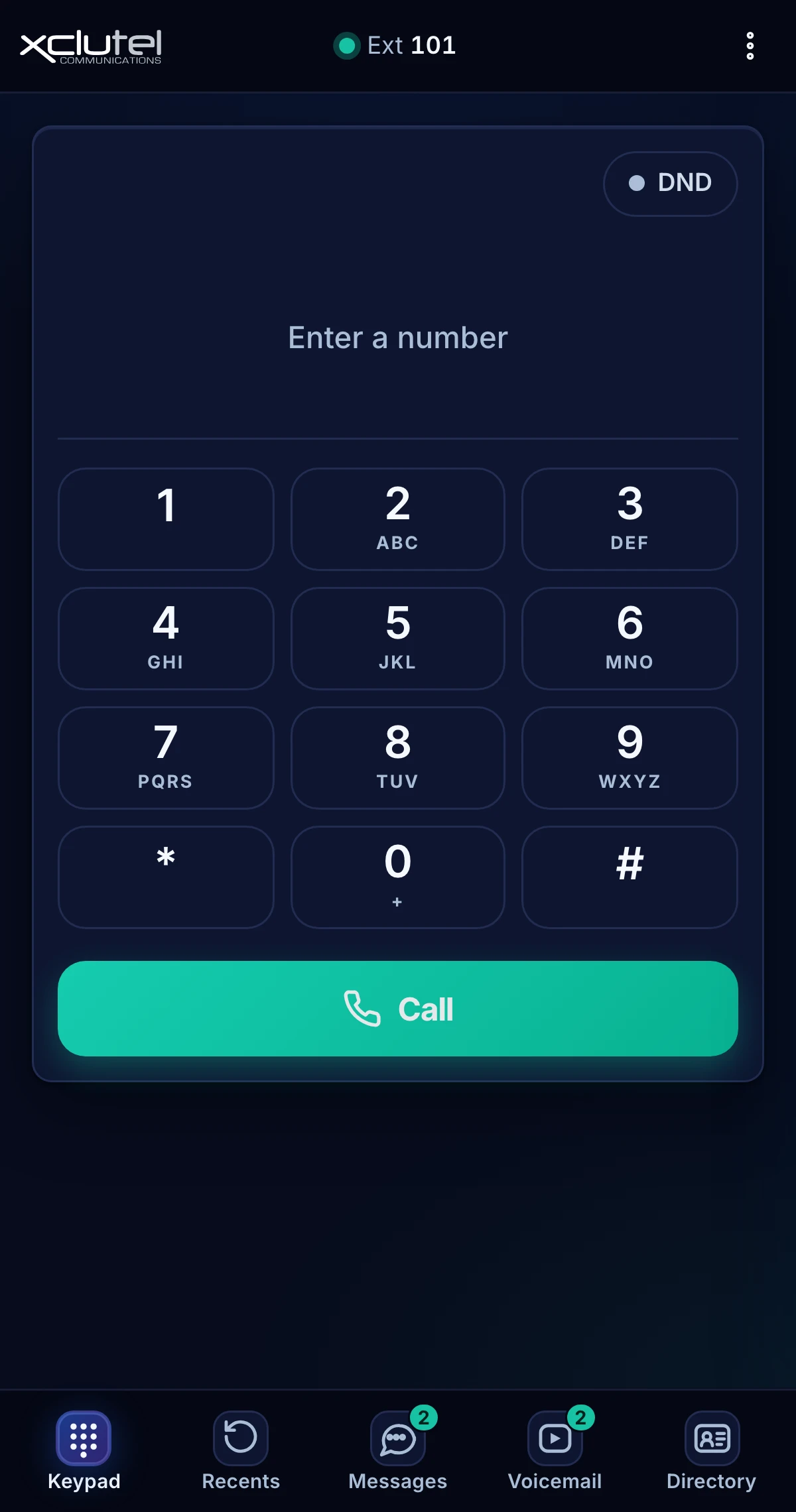 The CloudX Phone keypad with a Call button and tabs for Keypad, Recents, Messages, Voicemail and Directory