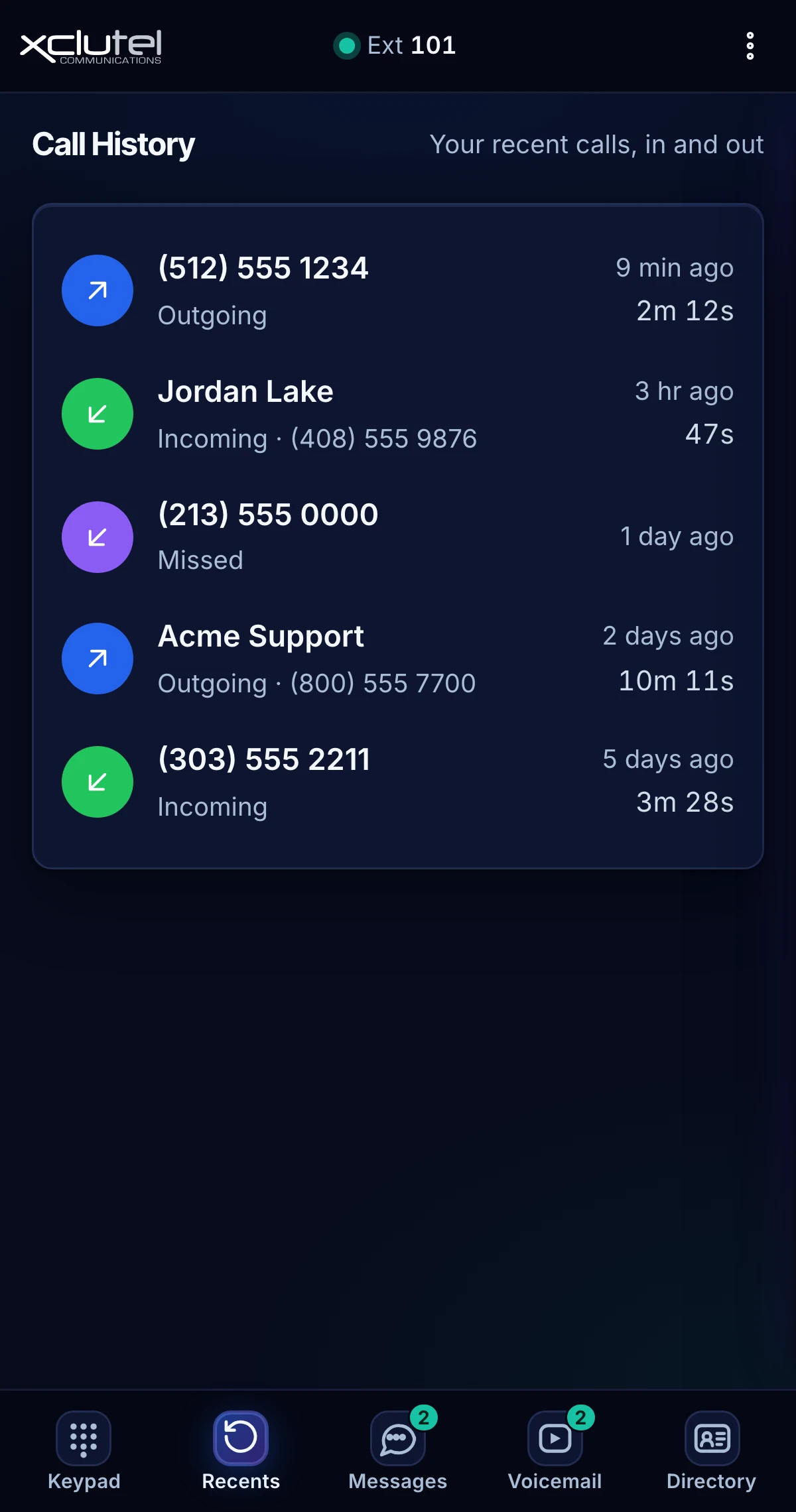 The CloudX Phone call history listing outgoing, incoming and missed calls with when each happened and how long it lasted