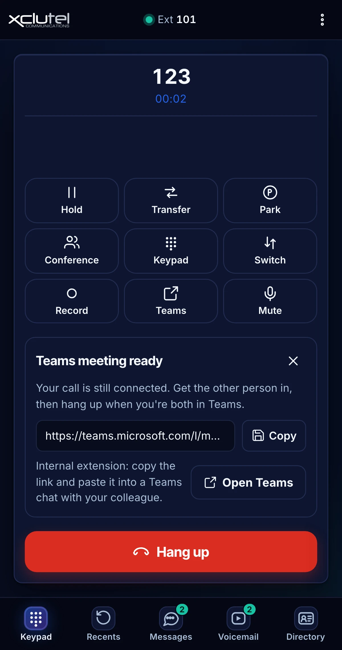 CloudX Phone on a live call with a Teams meeting ready panel: the join link, a Copy button and an Open Teams button